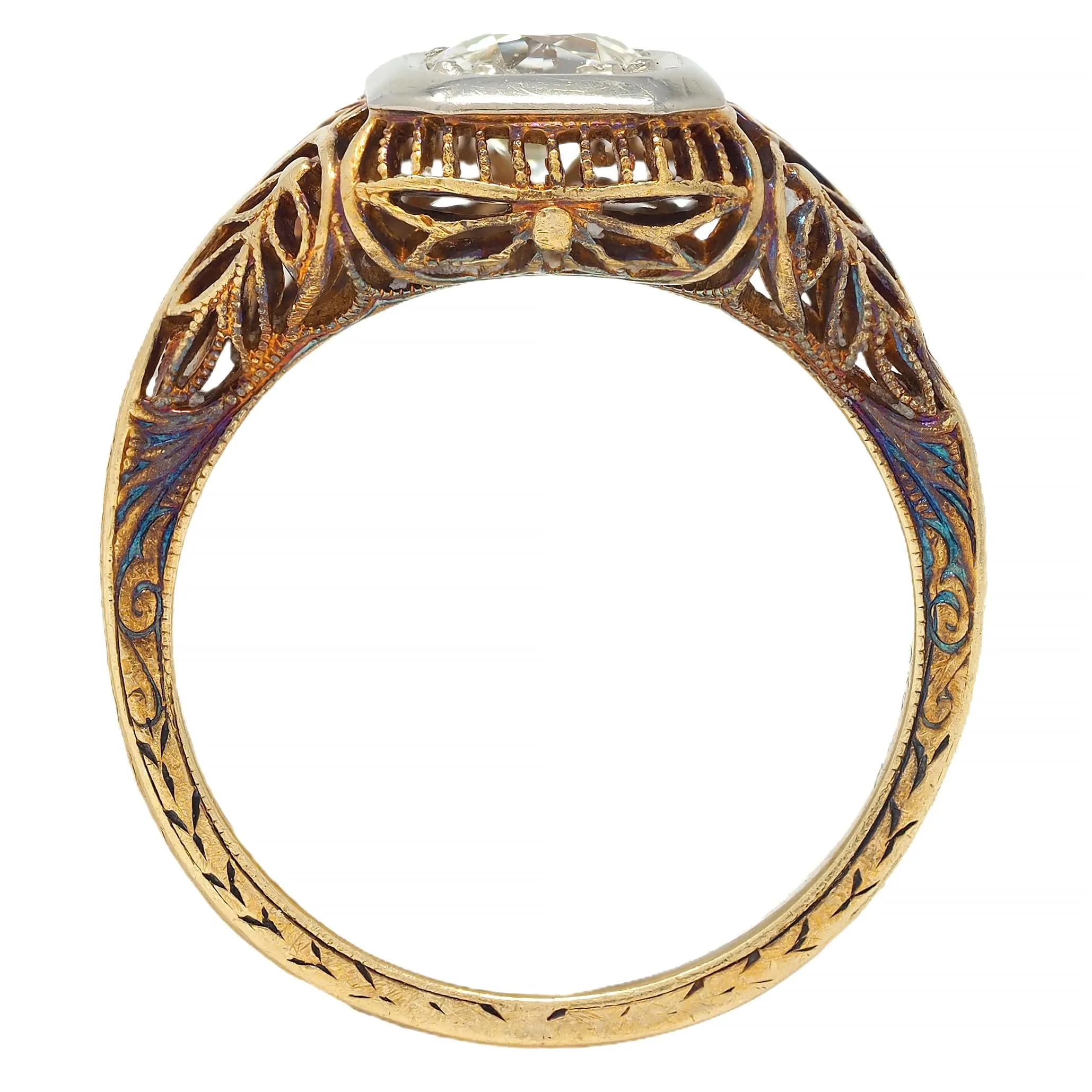 Edwardian 0.55 CTW Old European Diamond 14 Karat Two-Tone Gold Foliate Engagement Ring