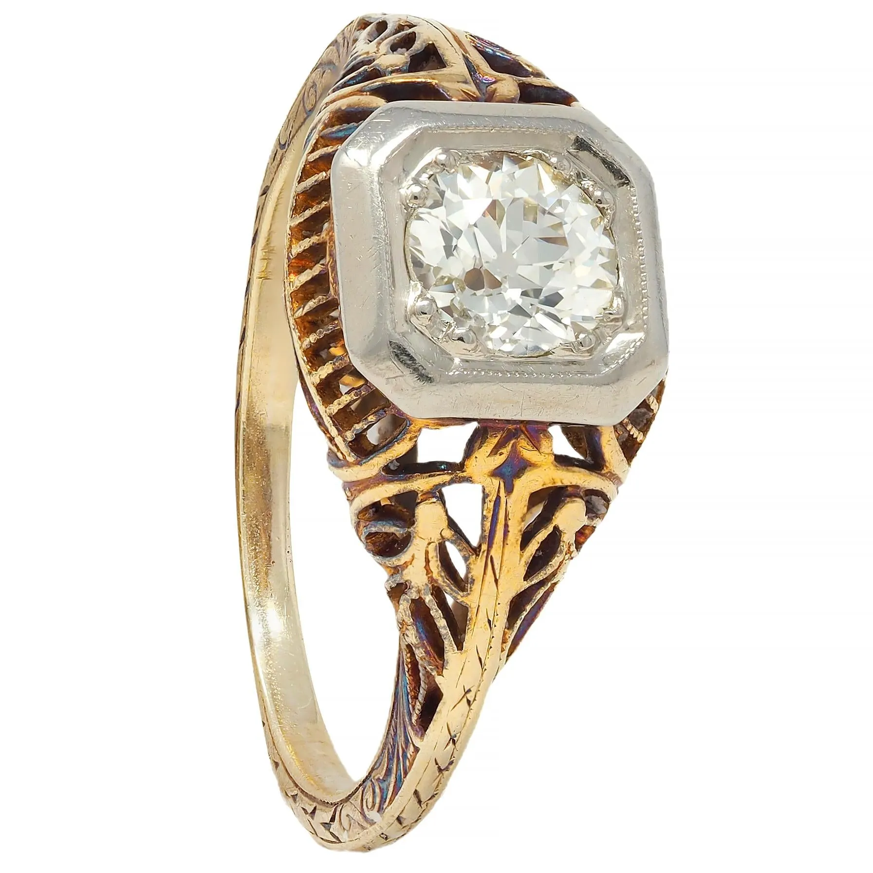 Edwardian 0.55 CTW Old European Diamond 14 Karat Two-Tone Gold Foliate Engagement Ring