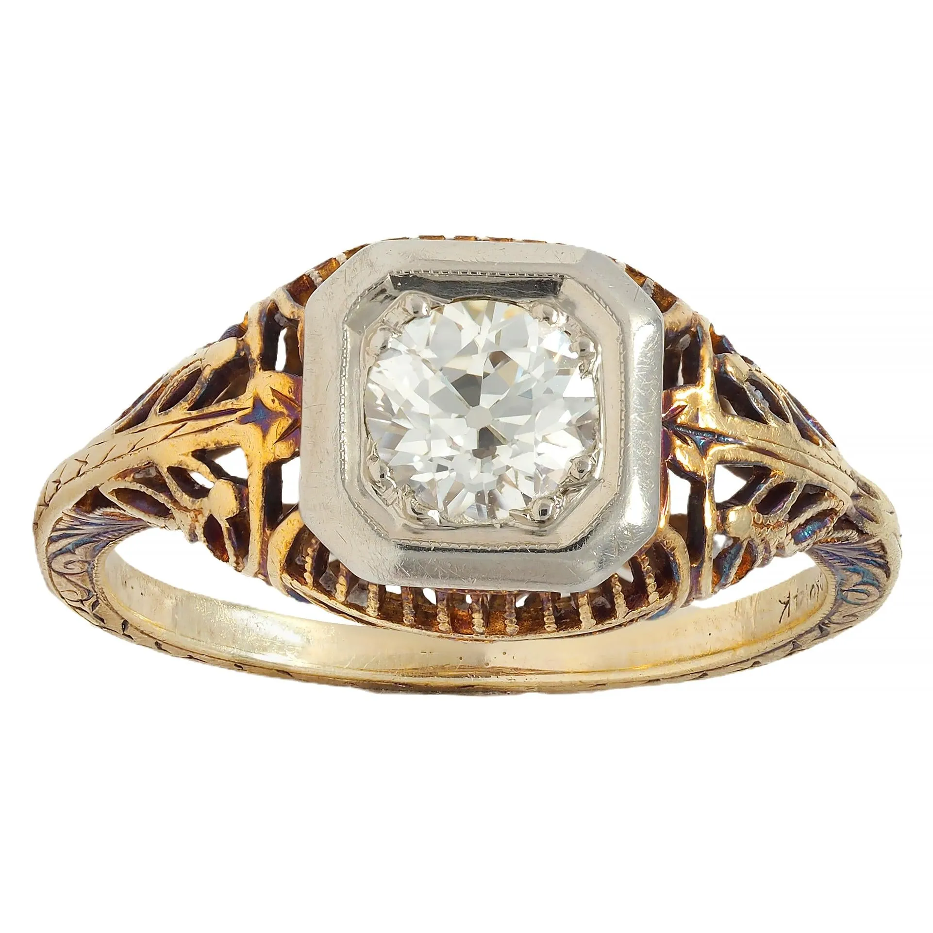 Edwardian 0.55 CTW Old European Diamond 14 Karat Two-Tone Gold Foliate Engagement Ring