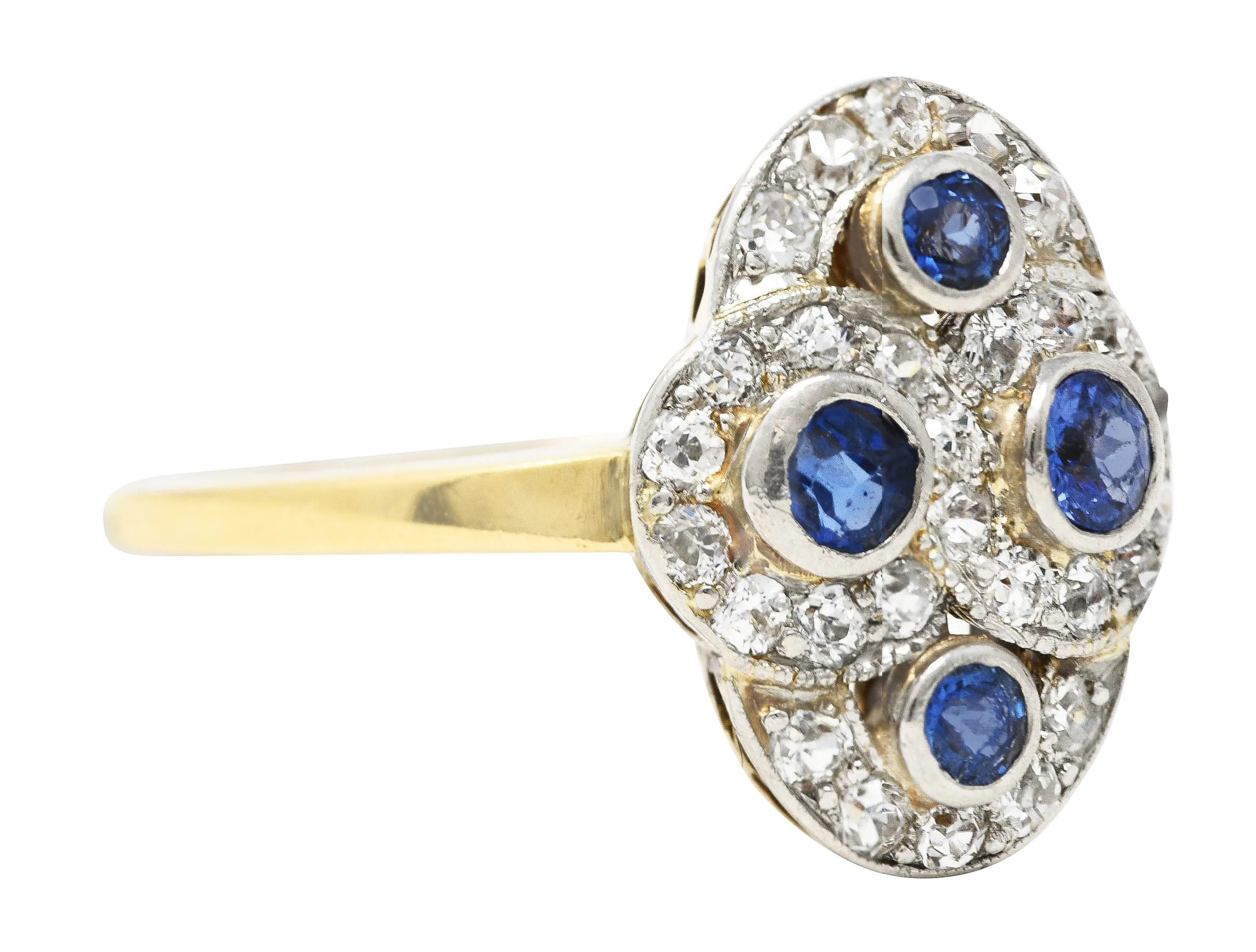 Edwardian 1.40 CTW Sapphire Diamond Platinum-Topped 14 Karat Yellow Gold Antique Quatrefoil Dinner Ring
