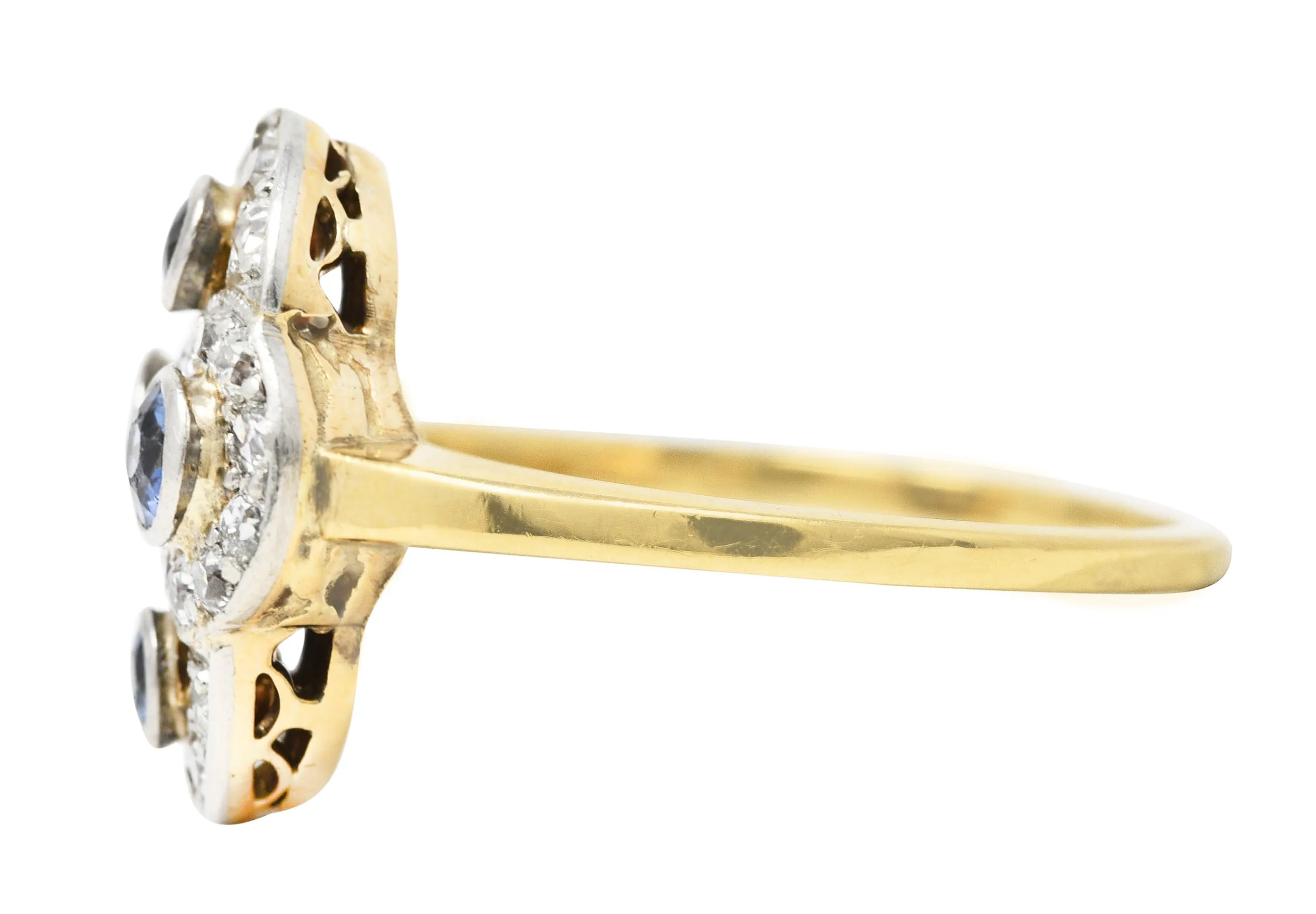 Edwardian 1.40 CTW Sapphire Diamond Platinum-Topped 14 Karat Yellow Gold Antique Quatrefoil Dinner Ring
