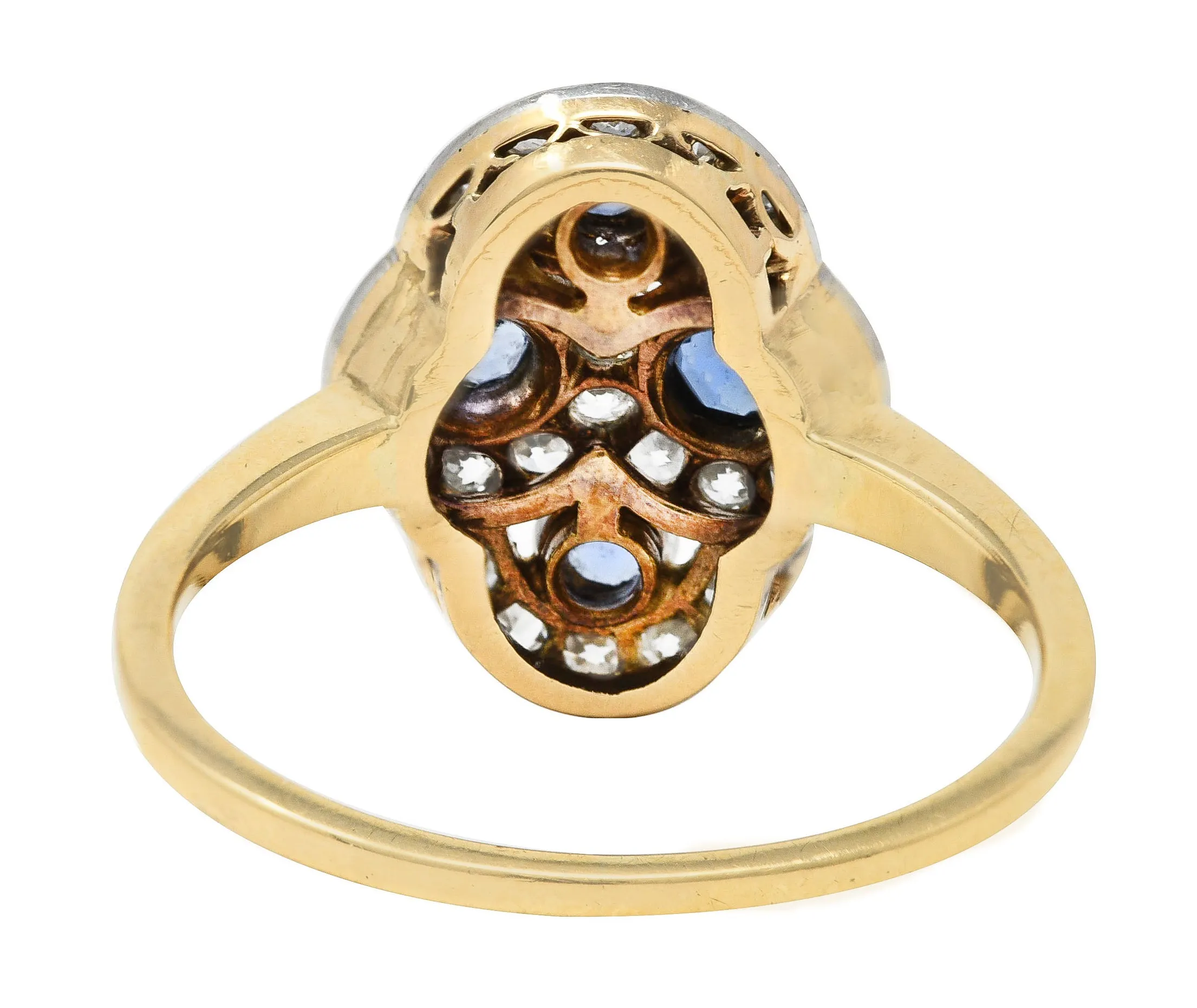 Edwardian 1.40 CTW Sapphire Diamond Platinum-Topped 14 Karat Yellow Gold Antique Quatrefoil Dinner Ring