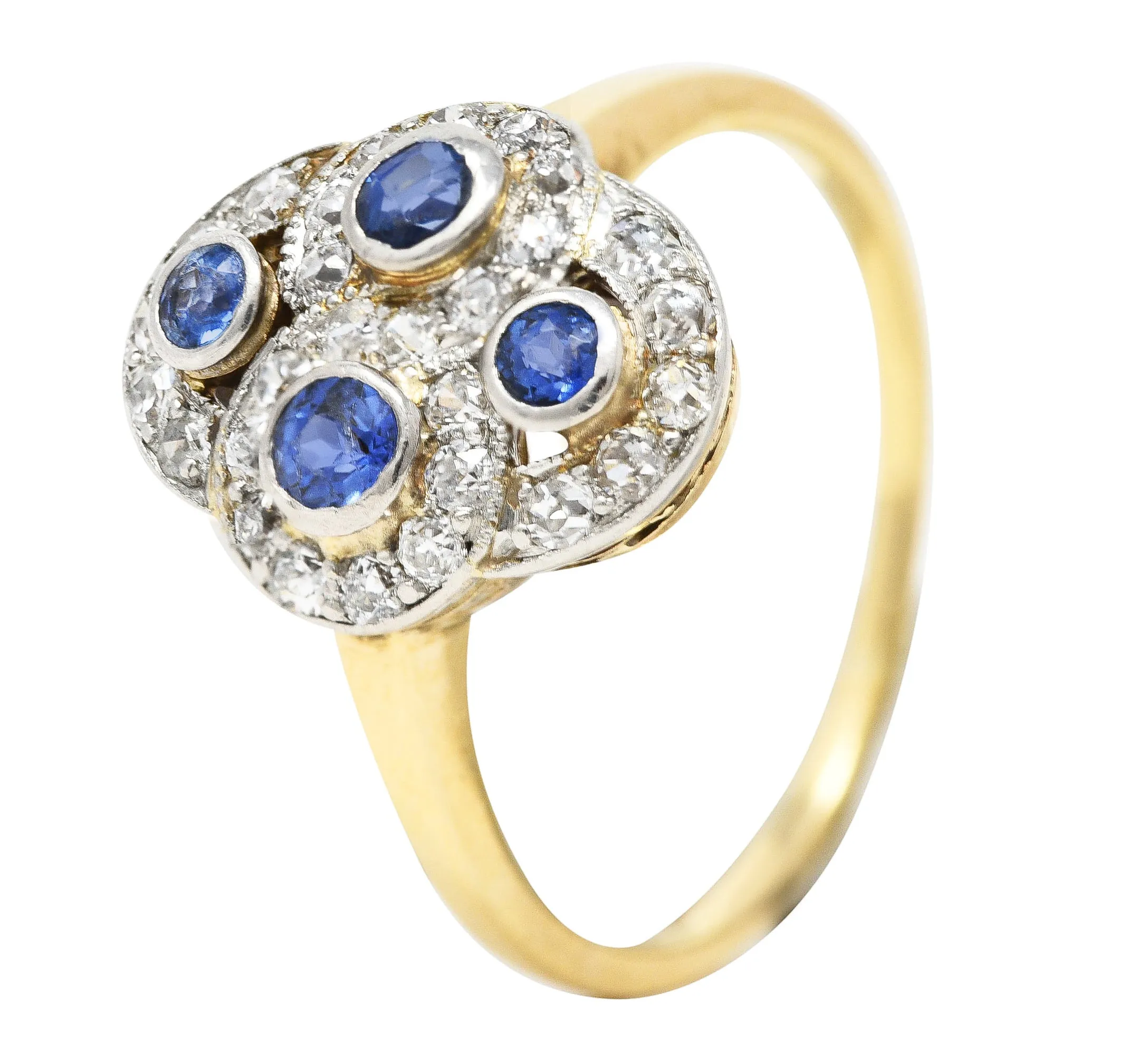 Edwardian 1.40 CTW Sapphire Diamond Platinum-Topped 14 Karat Yellow Gold Antique Quatrefoil Dinner Ring