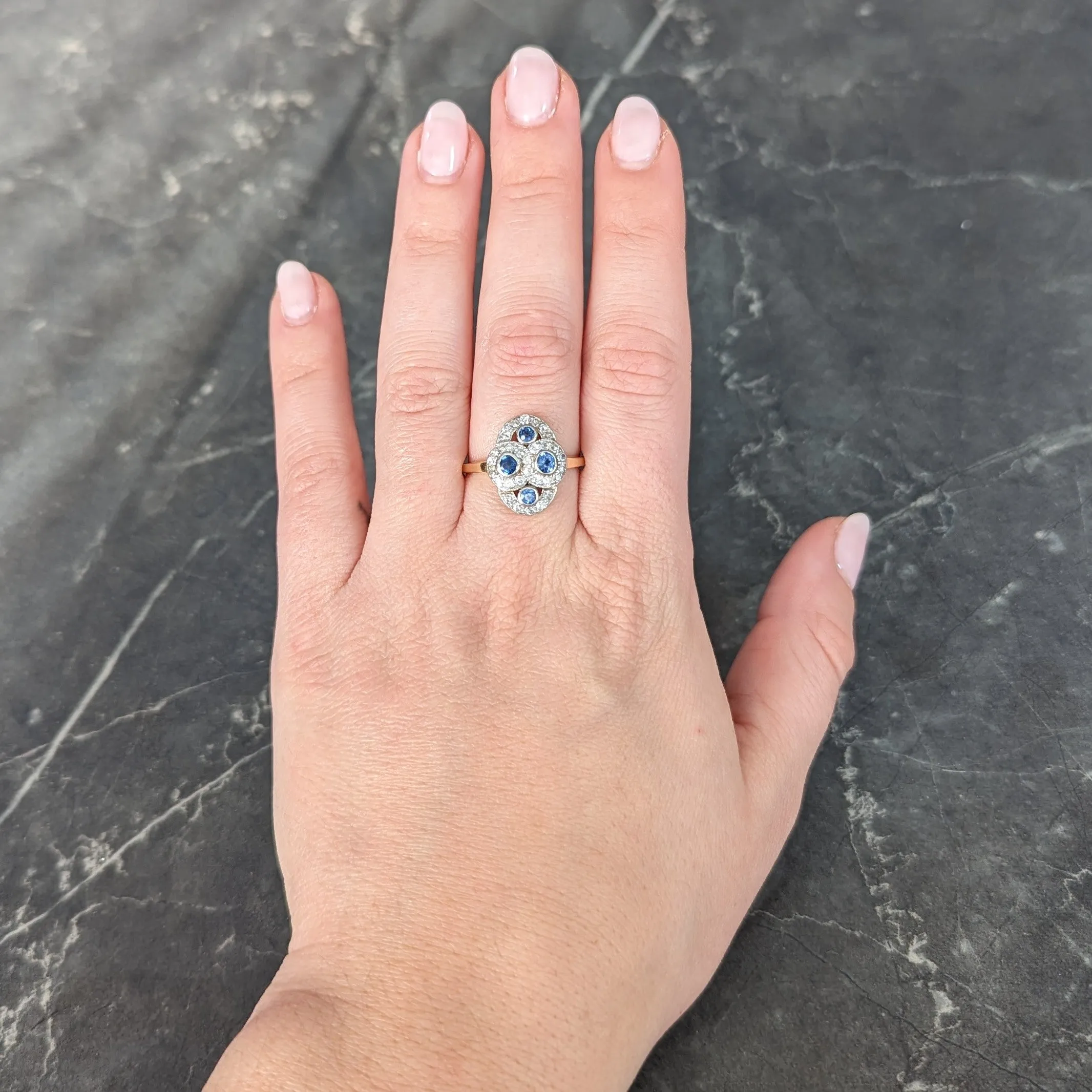 Edwardian 1.40 CTW Sapphire Diamond Platinum-Topped 14 Karat Yellow Gold Antique Quatrefoil Dinner Ring