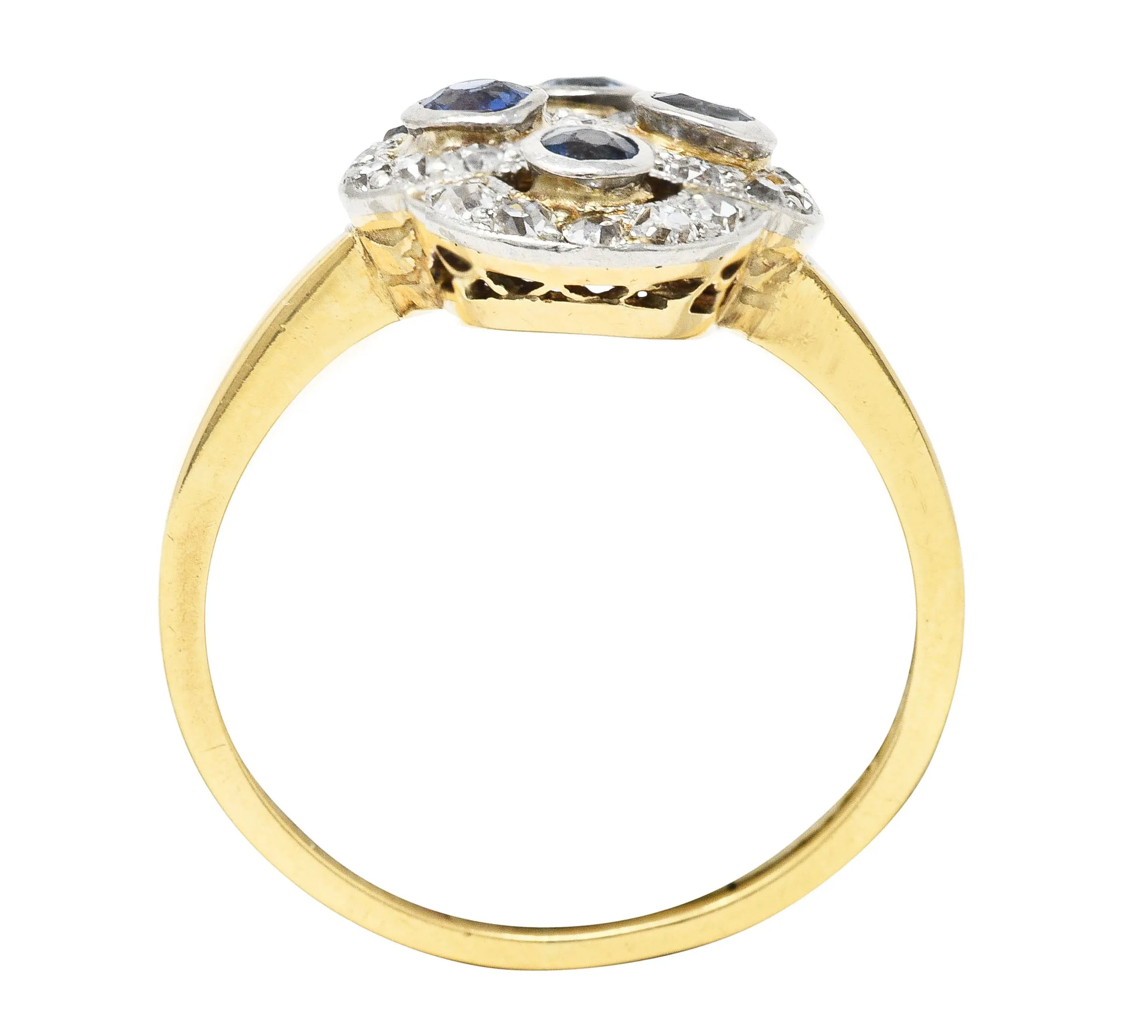 Edwardian 1.40 CTW Sapphire Diamond Platinum-Topped 14 Karat Yellow Gold Antique Quatrefoil Dinner Ring