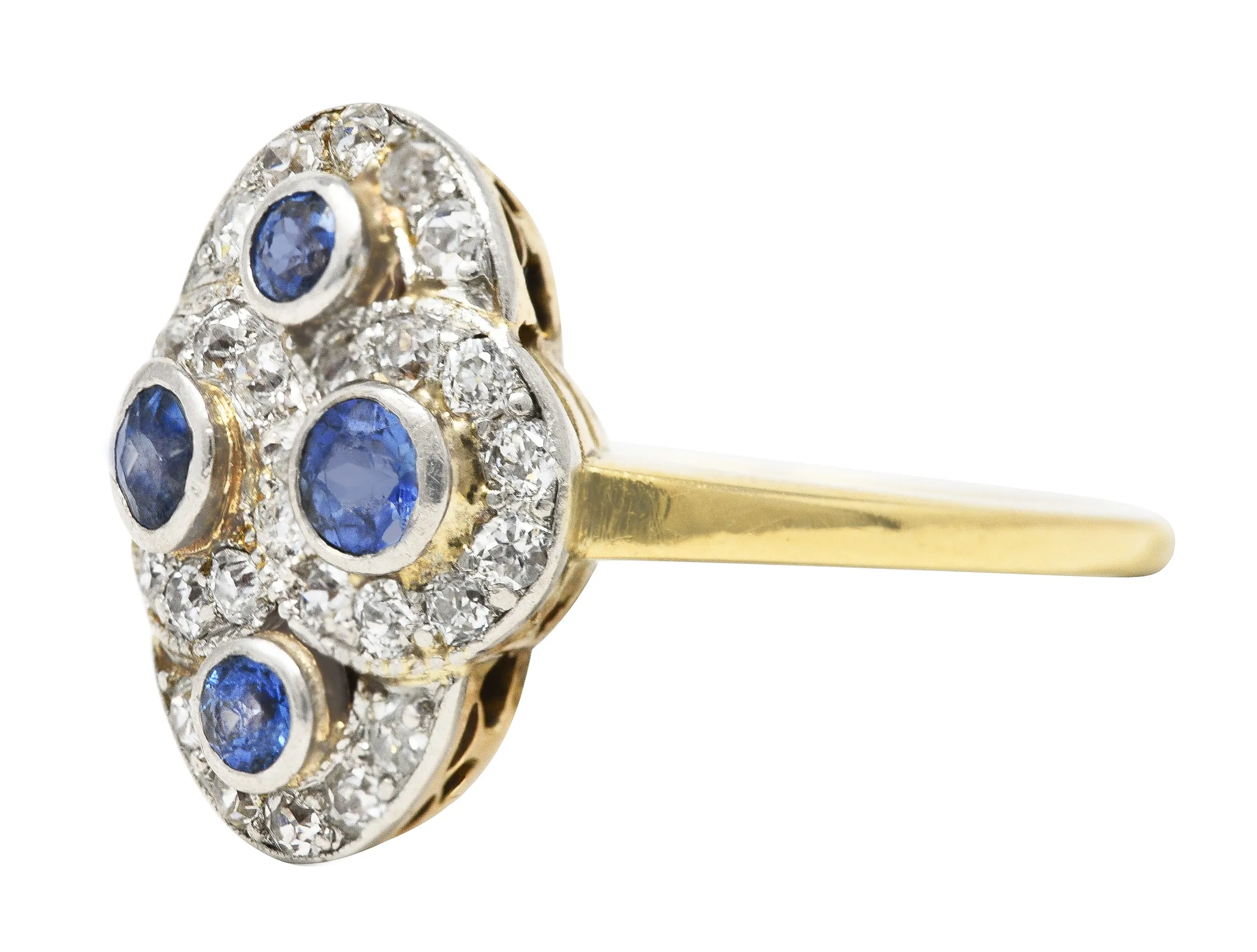 Edwardian 1.40 CTW Sapphire Diamond Platinum-Topped 14 Karat Yellow Gold Antique Quatrefoil Dinner Ring