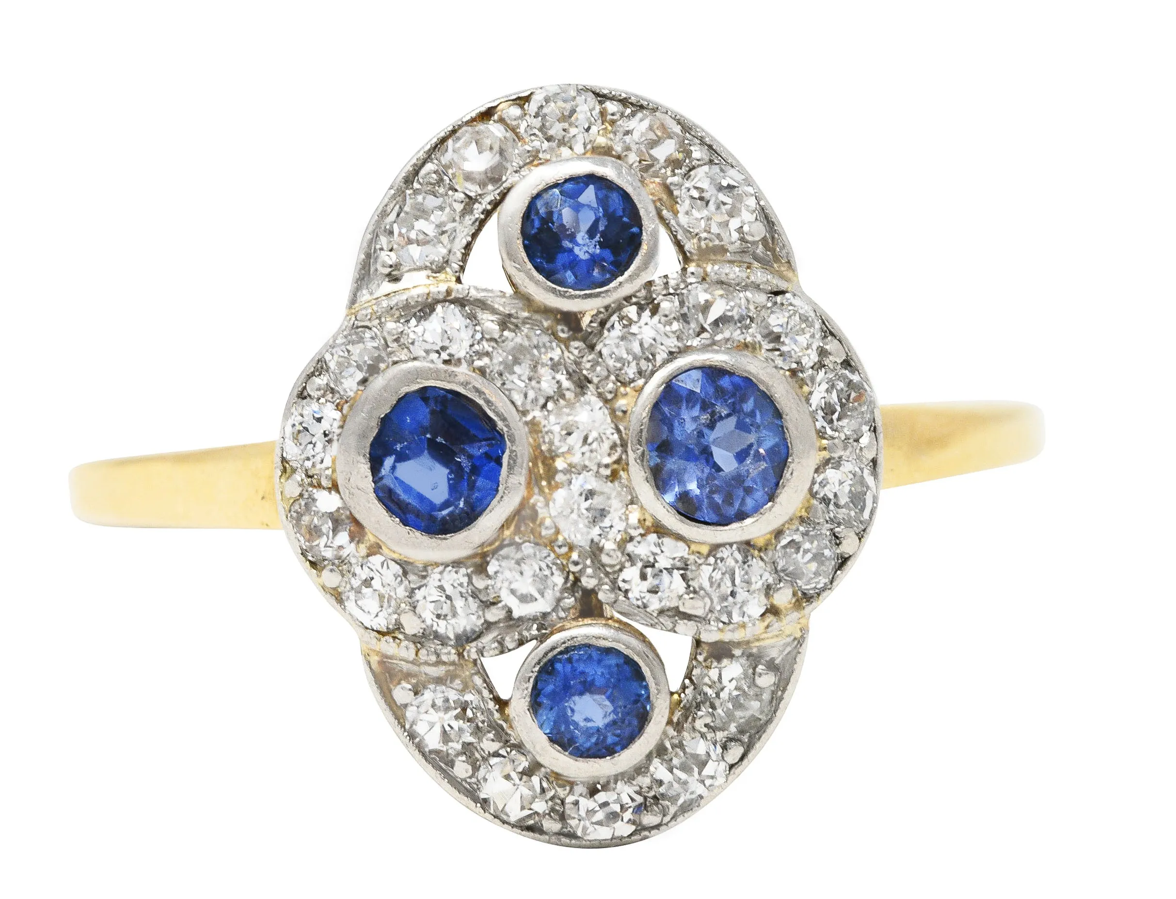 Edwardian 1.40 CTW Sapphire Diamond Platinum-Topped 14 Karat Yellow Gold Antique Quatrefoil Dinner Ring