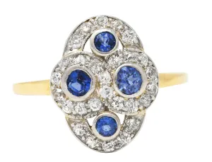 Edwardian 1.40 CTW Sapphire Diamond Platinum-Topped 14 Karat Yellow Gold Antique Quatrefoil Dinner Ring