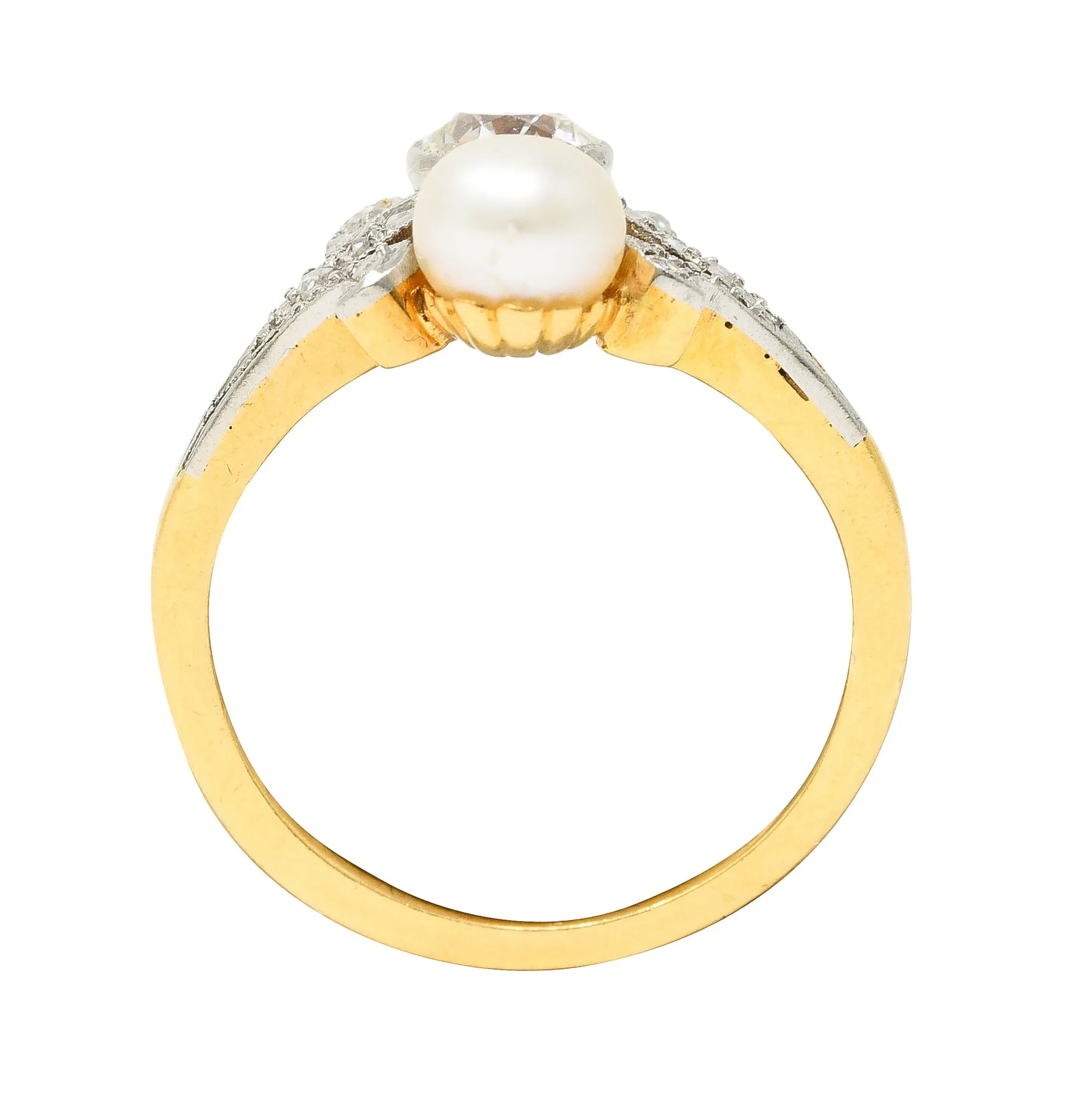 Edwardian Old European Cut Diamond Natural Pearl Platinum-Topped 18 Karat Yellow Gold Fleur-De-Lis Antique Ring
