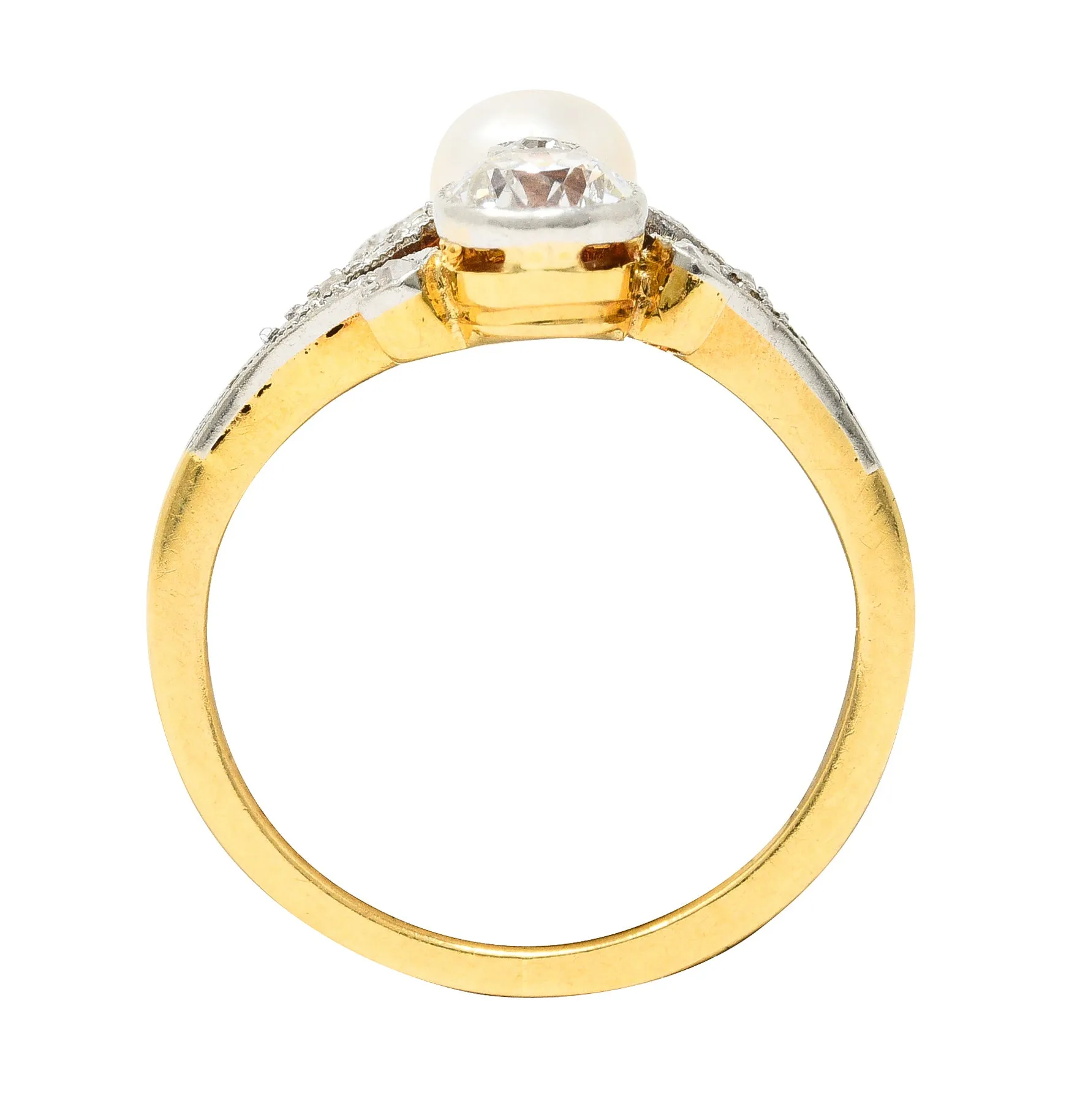 Edwardian Old European Cut Diamond Natural Pearl Platinum-Topped 18 Karat Yellow Gold Fleur-De-Lis Antique Ring