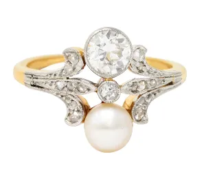 Edwardian Old European Cut Diamond Natural Pearl Platinum-Topped 18 Karat Yellow Gold Fleur-De-Lis Antique Ring