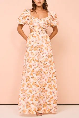 Elastic puff sleeves pleated waist back hollow sweet long skirt