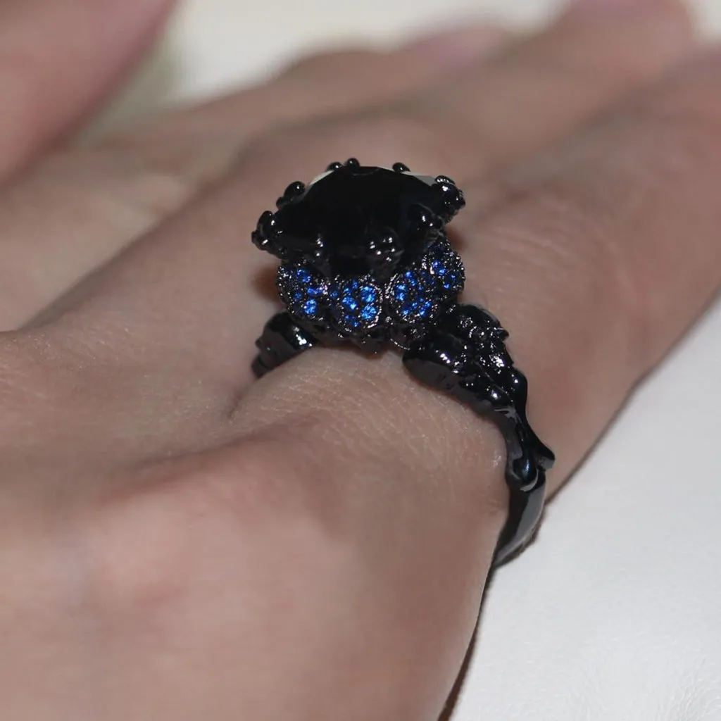 Elegant Black & Blue Diamond Skull Ring