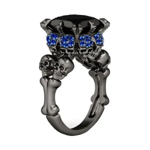 Elegant Black & Blue Diamond Skull Ring
