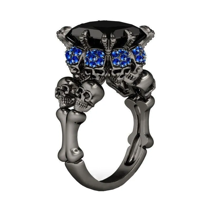 Elegant Black & Blue Diamond Skull Ring