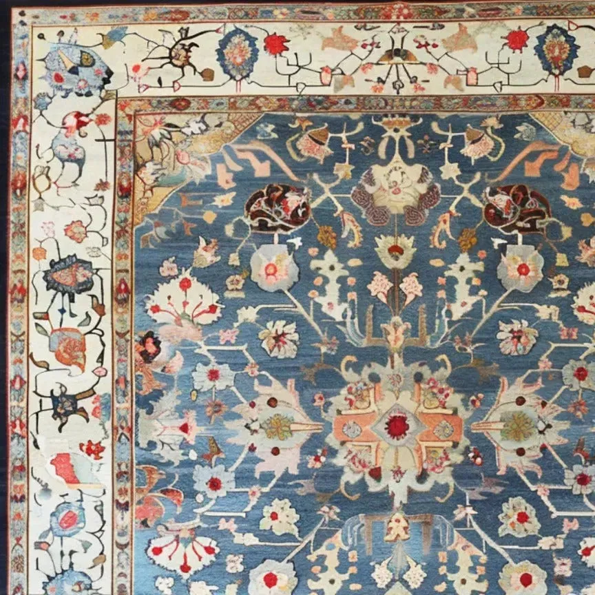 Elegant Blue Floral Hand Knotted Area Rug