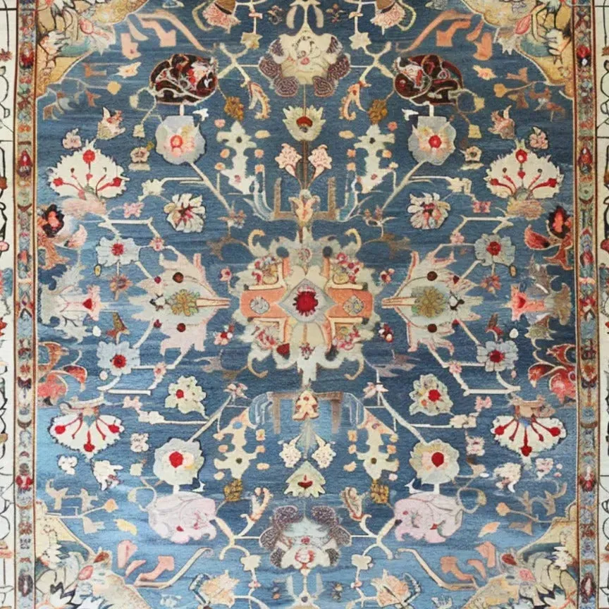 Elegant Blue Floral Hand Knotted Area Rug
