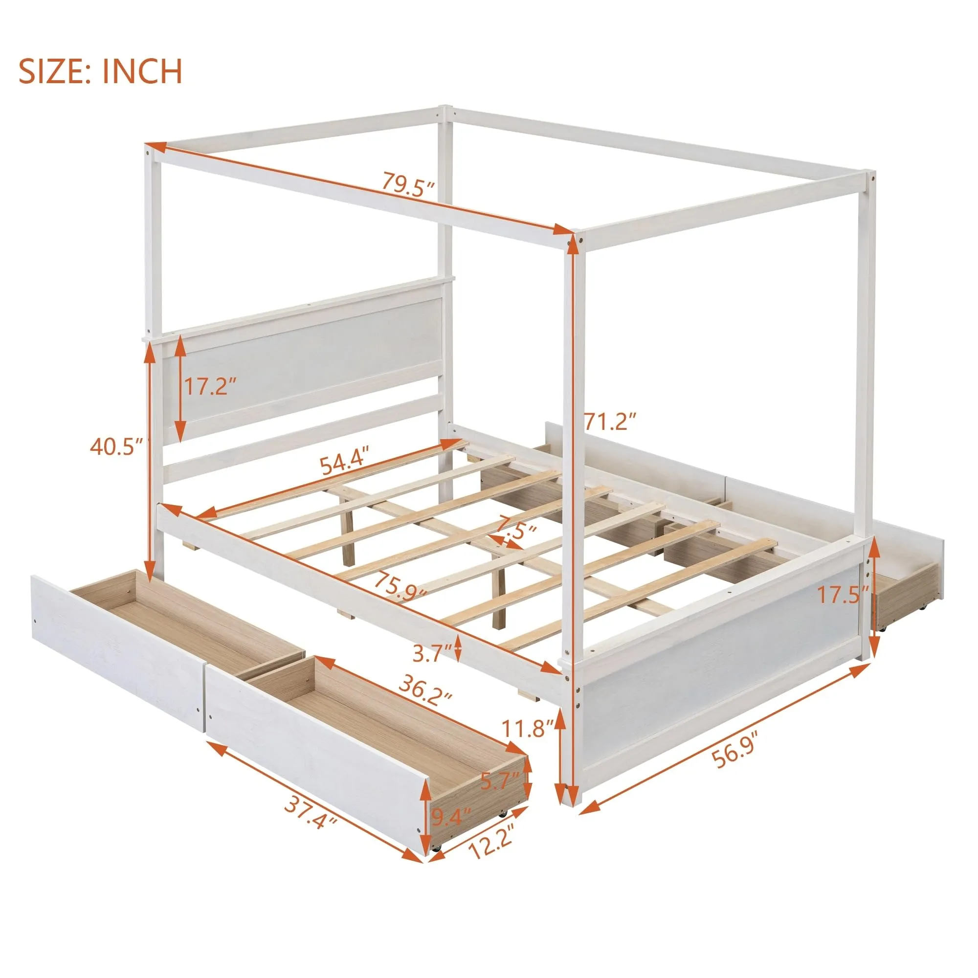 Elegant Design Full Size Wood Canopy Bed with Four Drawers Kids