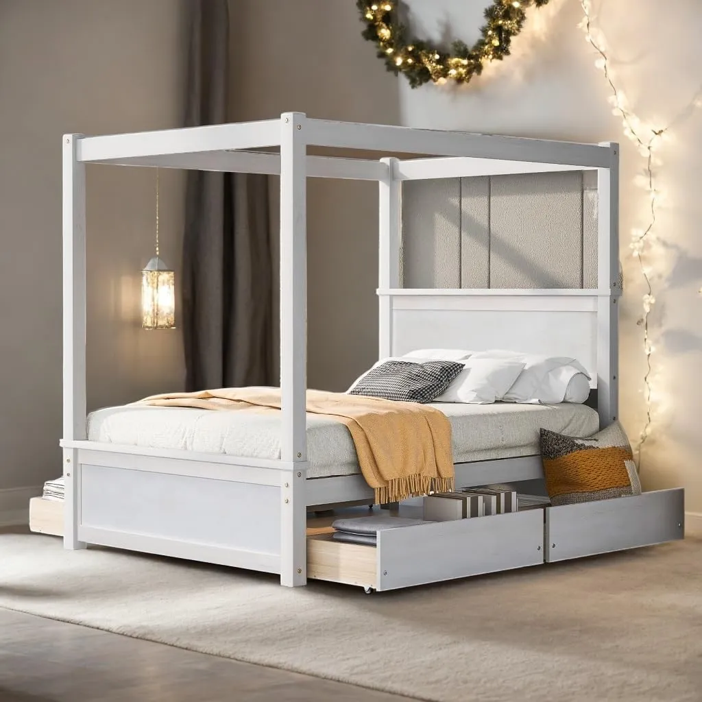 Elegant Design Full Size Wood Canopy Bed with Four Drawers Kids