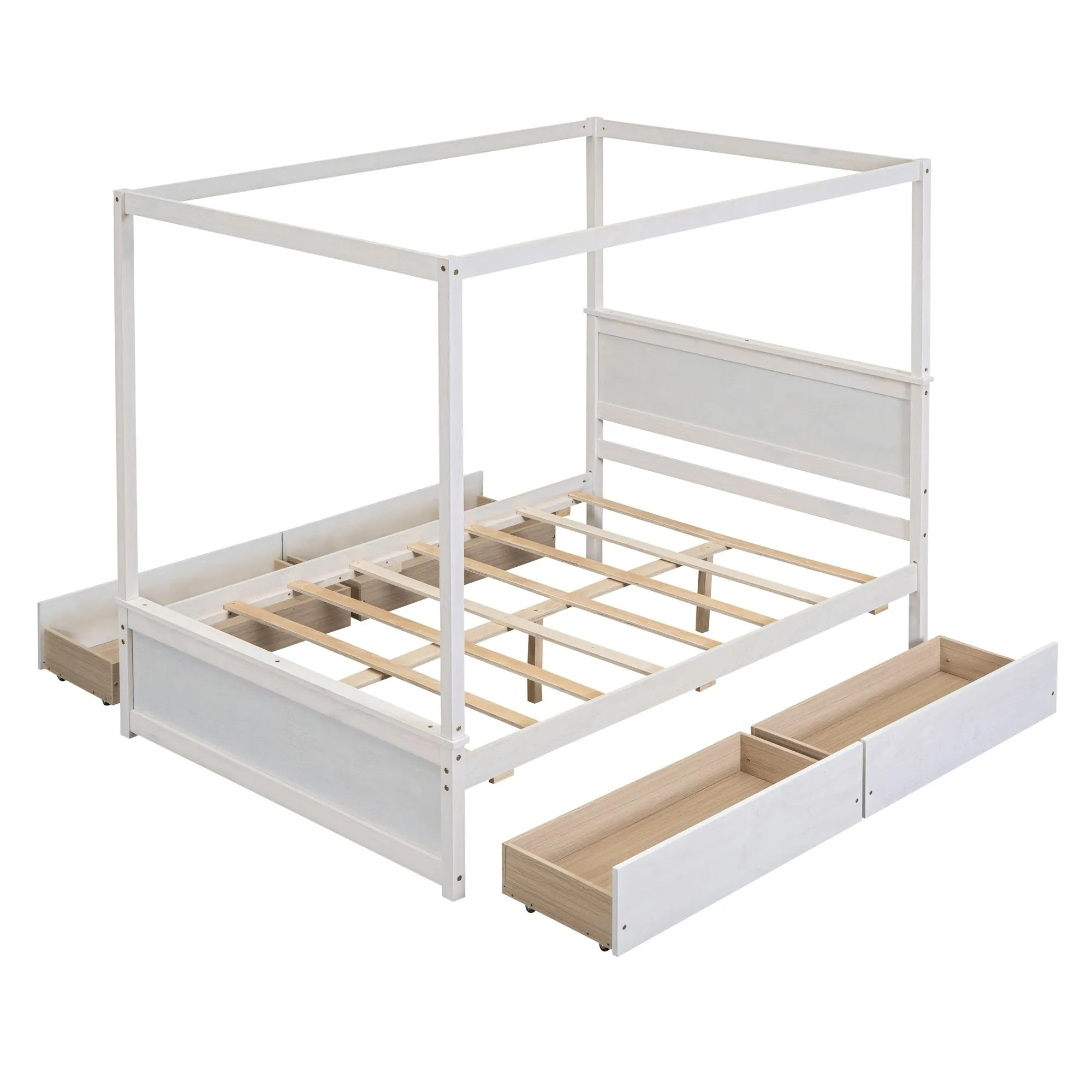 Elegant Design Full Size Wood Canopy Bed with Four Drawers Kids