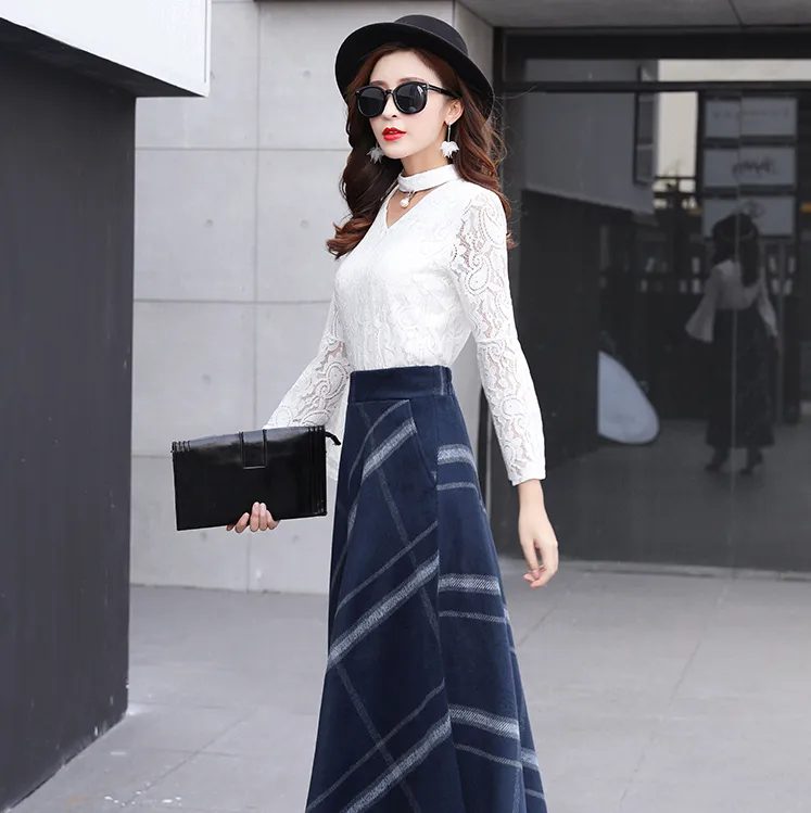 Elegant Full Length Plaid Skirt