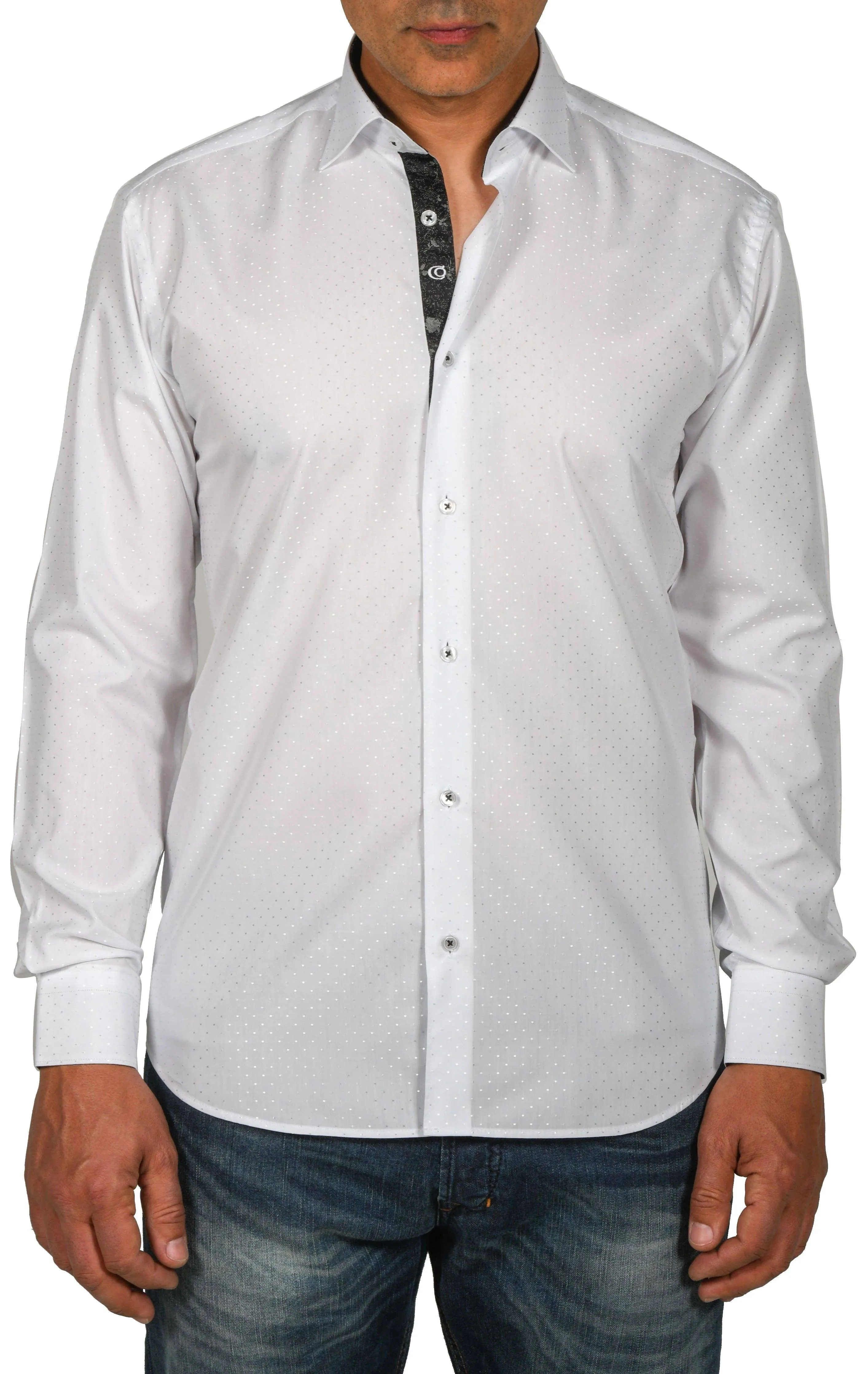Elegant White Dotted Shirt with Black Trim
