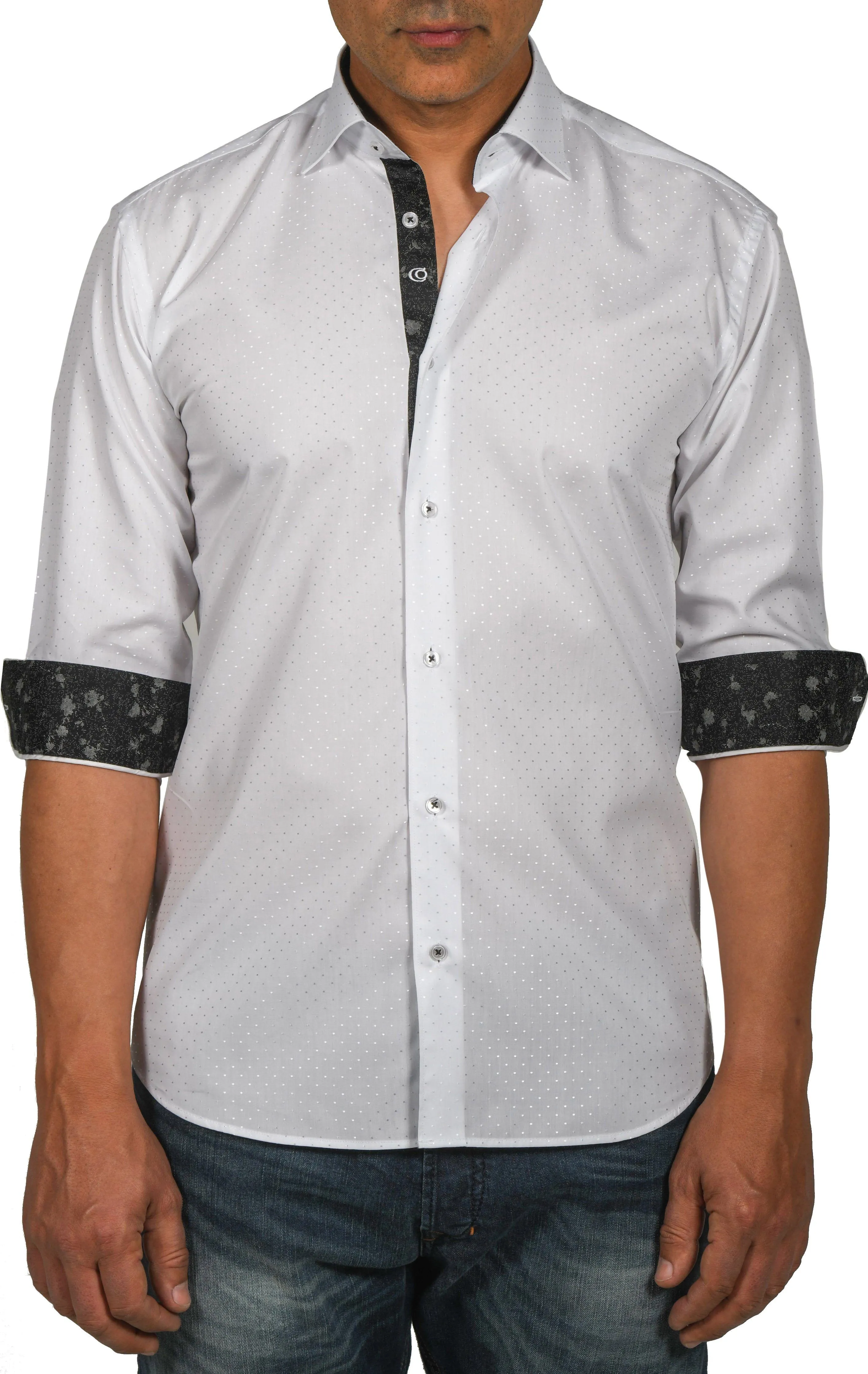Elegant White Dotted Shirt with Black Trim