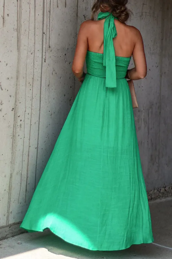 Elmhurst green pleated halterneck maxi dress