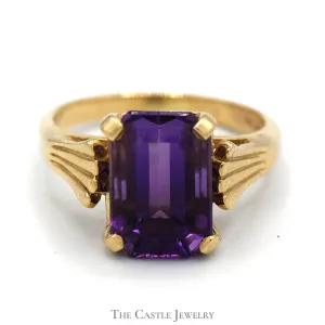 Emerald Cut Amethyst Ring with Fanned Sides in 14k Yellow Gold
