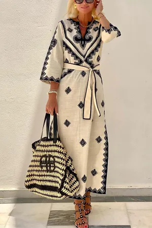 Ethnic loose v-neck holiday dress