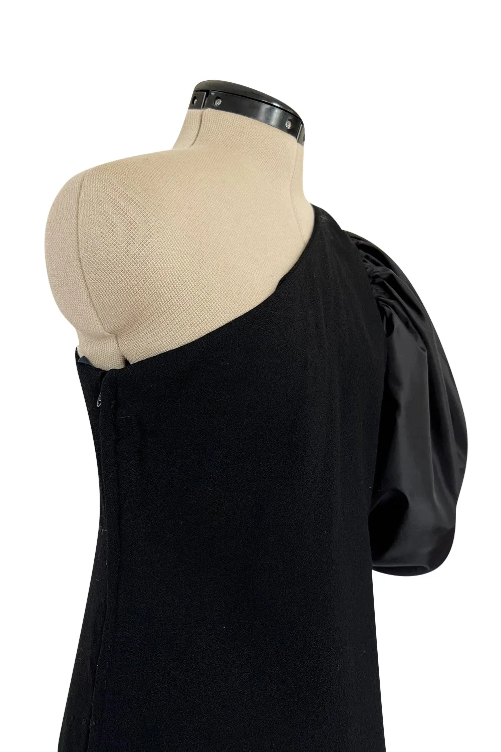 Fabulous 1980s Bill Blass One Shoulder Black Crepe & Taffeta Puff Sleeve Dress