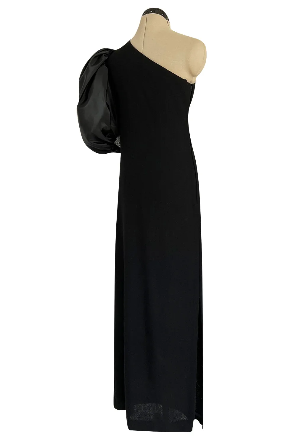 Fabulous 1980s Bill Blass One Shoulder Black Crepe & Taffeta Puff Sleeve Dress