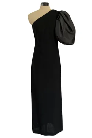 Fabulous 1980s Bill Blass One Shoulder Black Crepe & Taffeta Puff Sleeve Dress