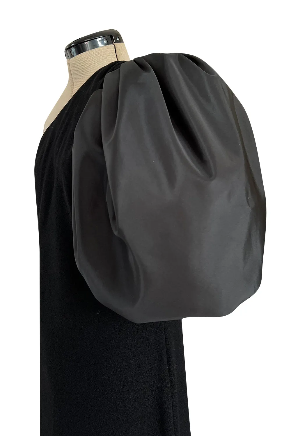 Fabulous 1980s Bill Blass One Shoulder Black Crepe & Taffeta Puff Sleeve Dress