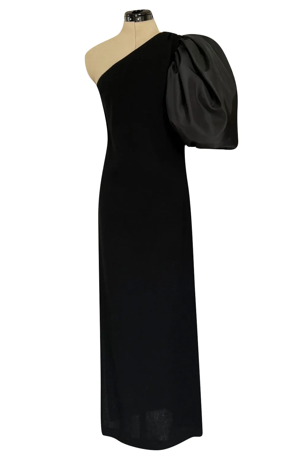Fabulous 1980s Bill Blass One Shoulder Black Crepe & Taffeta Puff Sleeve Dress