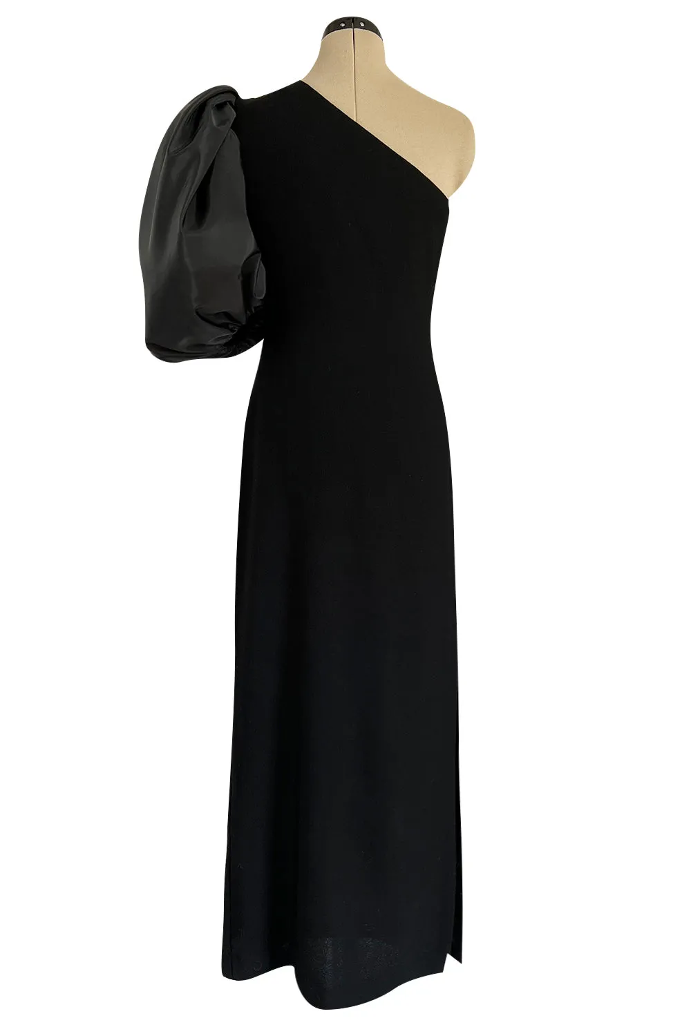 Fabulous 1980s Bill Blass One Shoulder Black Crepe & Taffeta Puff Sleeve Dress