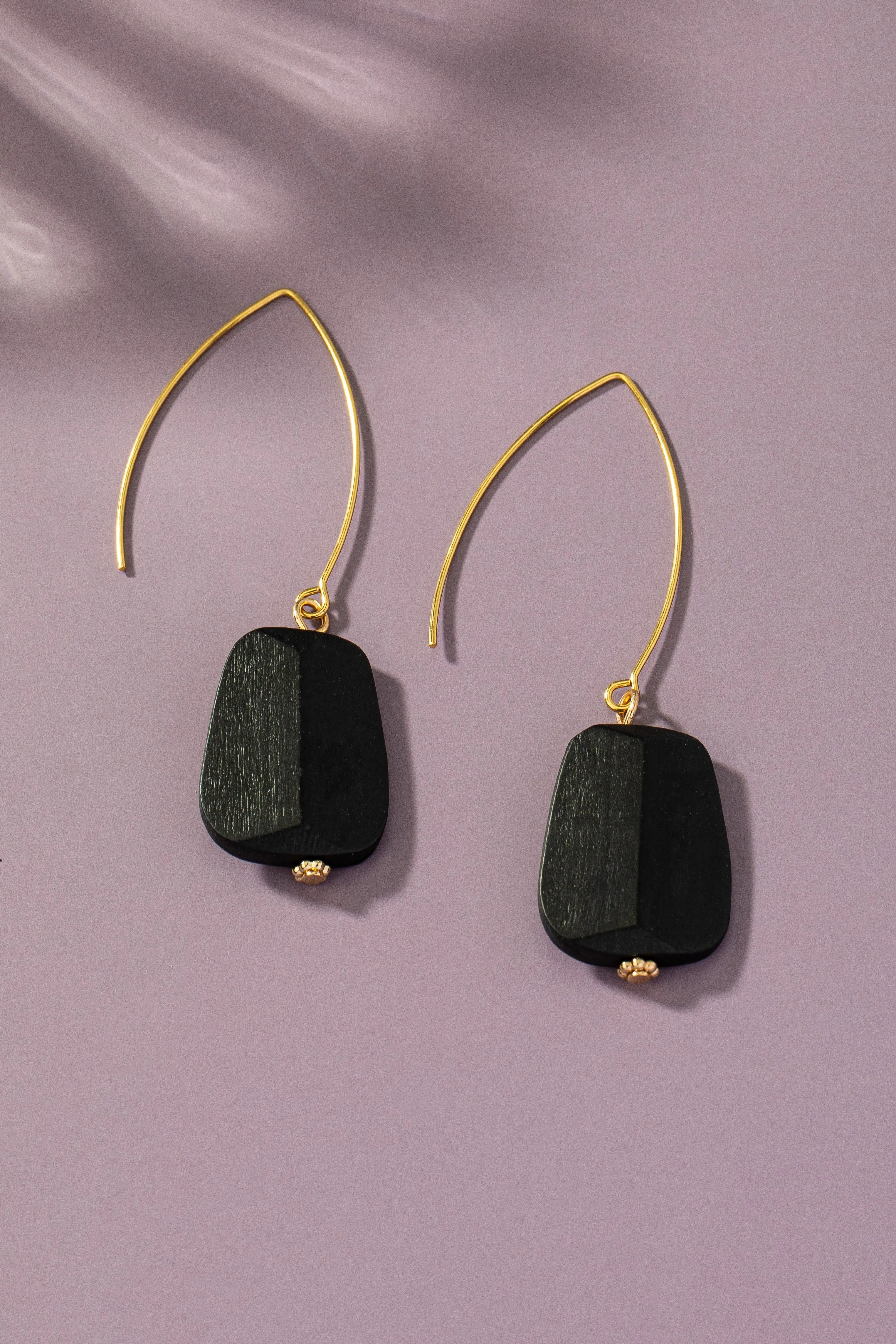 Faceted Wood Bead Long Fishhook Earrings