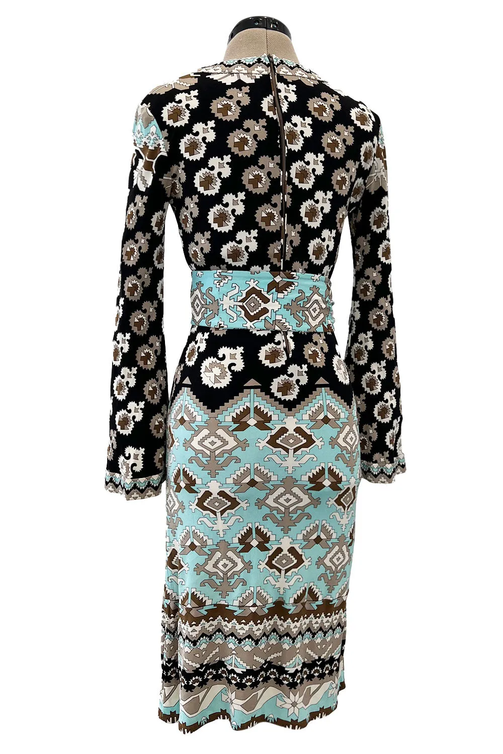 Fantastic 1970s Leonard Turquoise & Tan Fashion Silk Jersey Dress w Matching Tie Belt