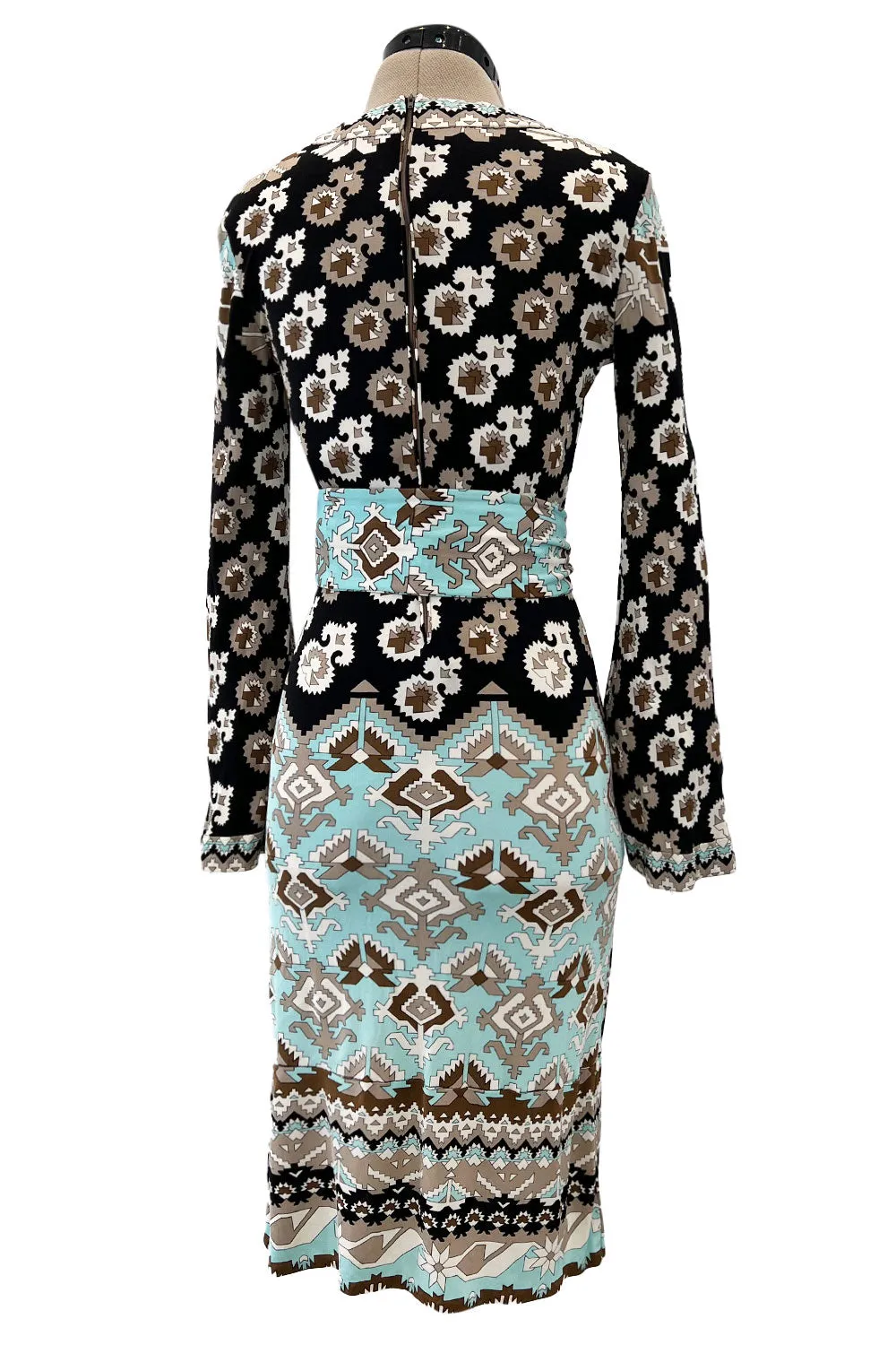 Fantastic 1970s Leonard Turquoise & Tan Fashion Silk Jersey Dress w Matching Tie Belt