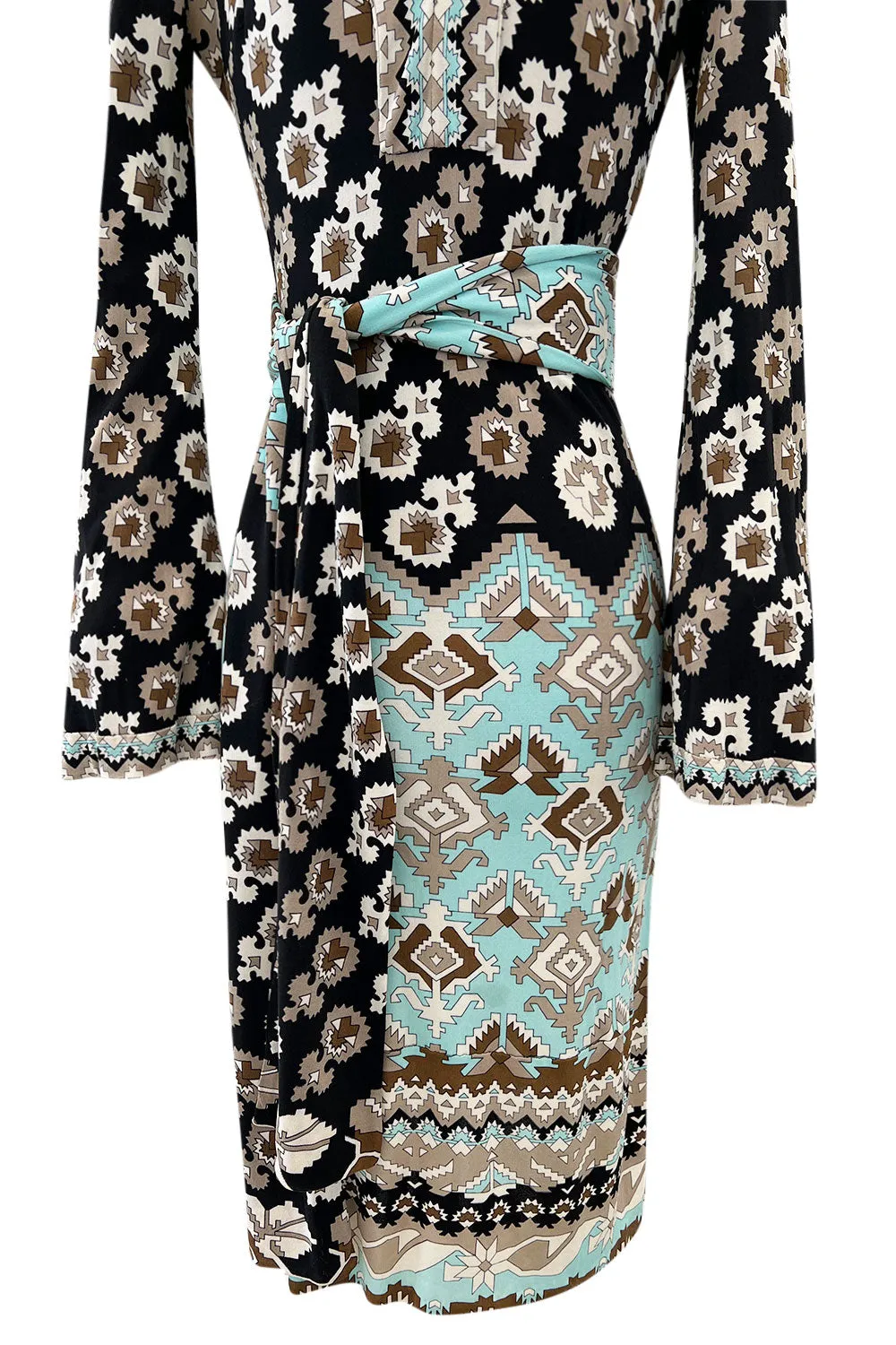 Fantastic 1970s Leonard Turquoise & Tan Fashion Silk Jersey Dress w Matching Tie Belt
