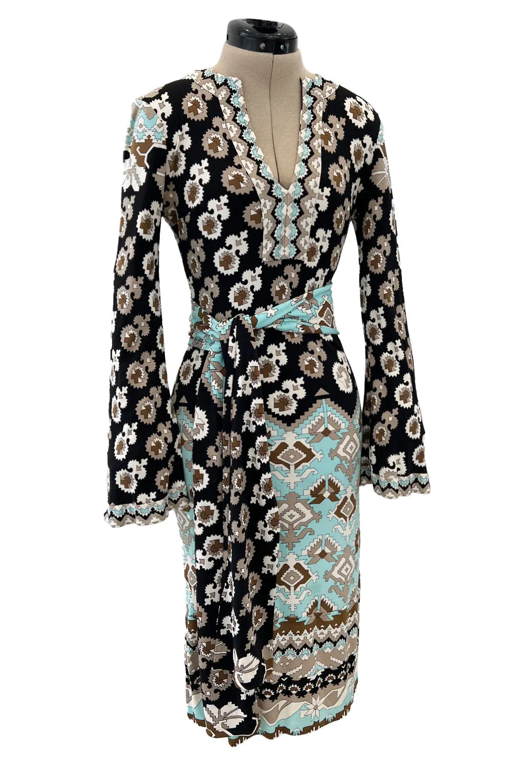 Fantastic 1970s Leonard Turquoise & Tan Fashion Silk Jersey Dress w Matching Tie Belt
