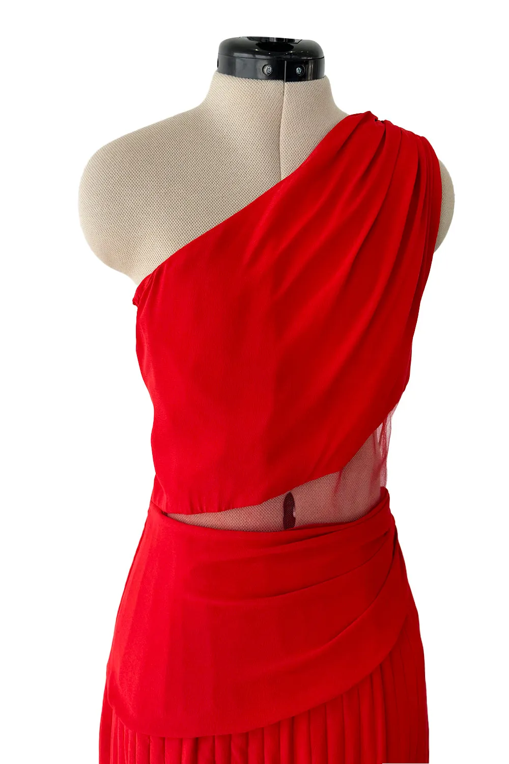 Fantastic 1980s Valentino Red Silk One Shoulder Dress w Net Inset & Finely Pleated Ruffled Skirt