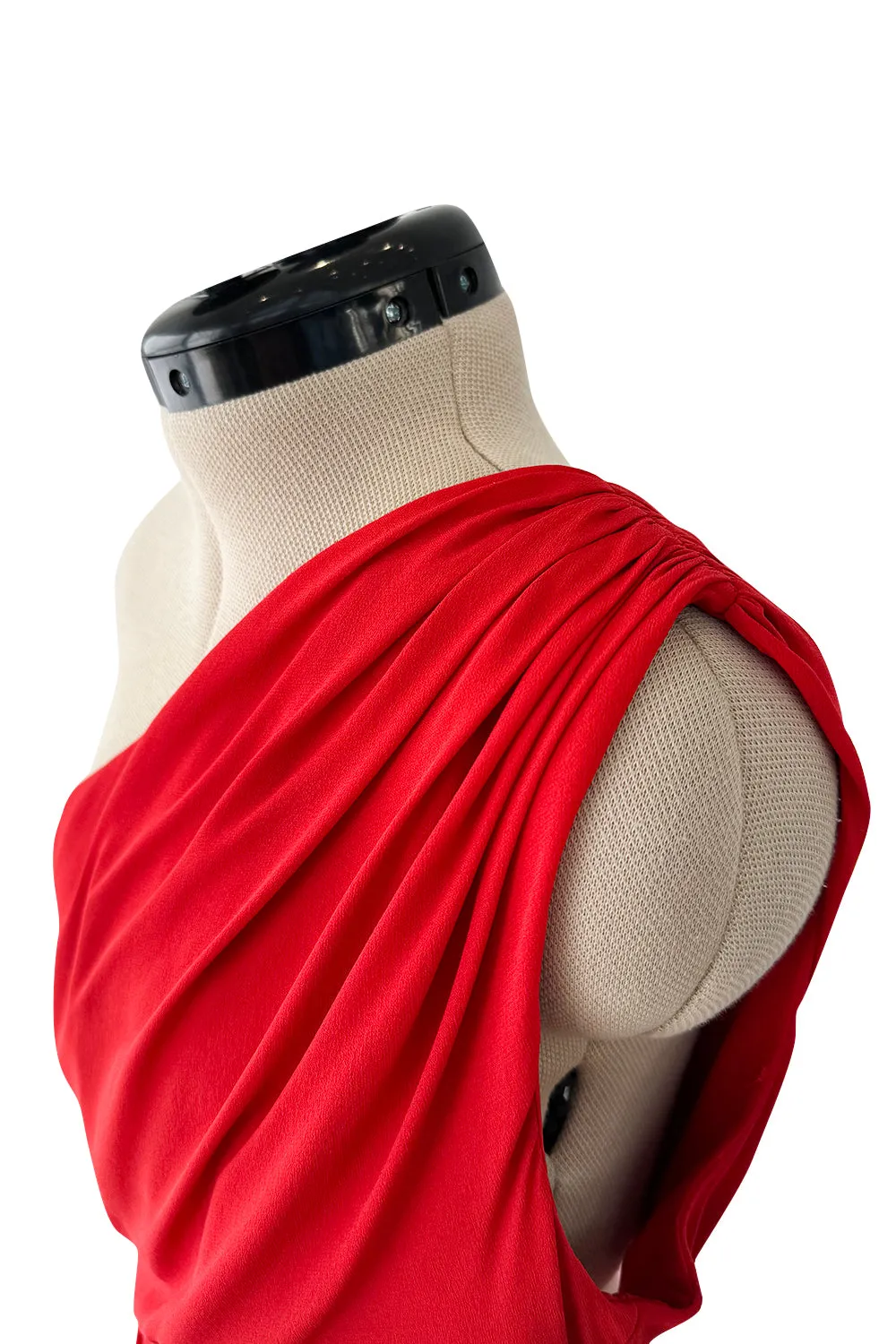 Fantastic 1980s Valentino Red Silk One Shoulder Dress w Net Inset & Finely Pleated Ruffled Skirt