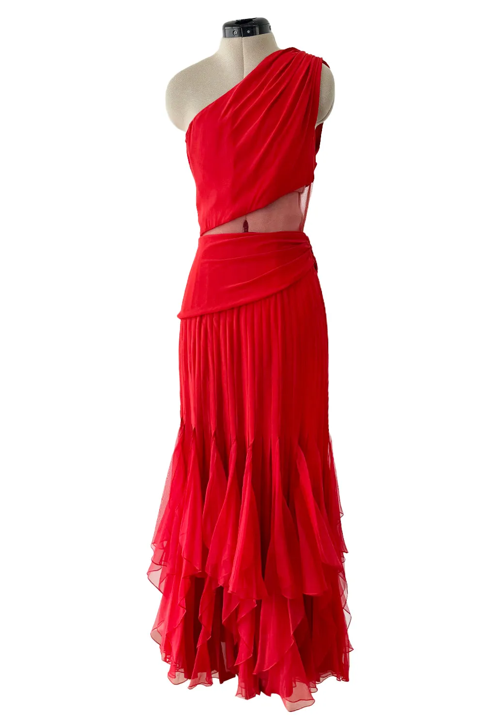 Fantastic 1980s Valentino Red Silk One Shoulder Dress w Net Inset & Finely Pleated Ruffled Skirt