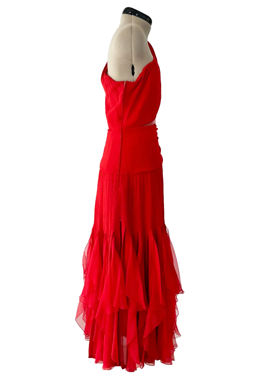 Fantastic 1980s Valentino Red Silk One Shoulder Dress w Net Inset & Finely Pleated Ruffled Skirt