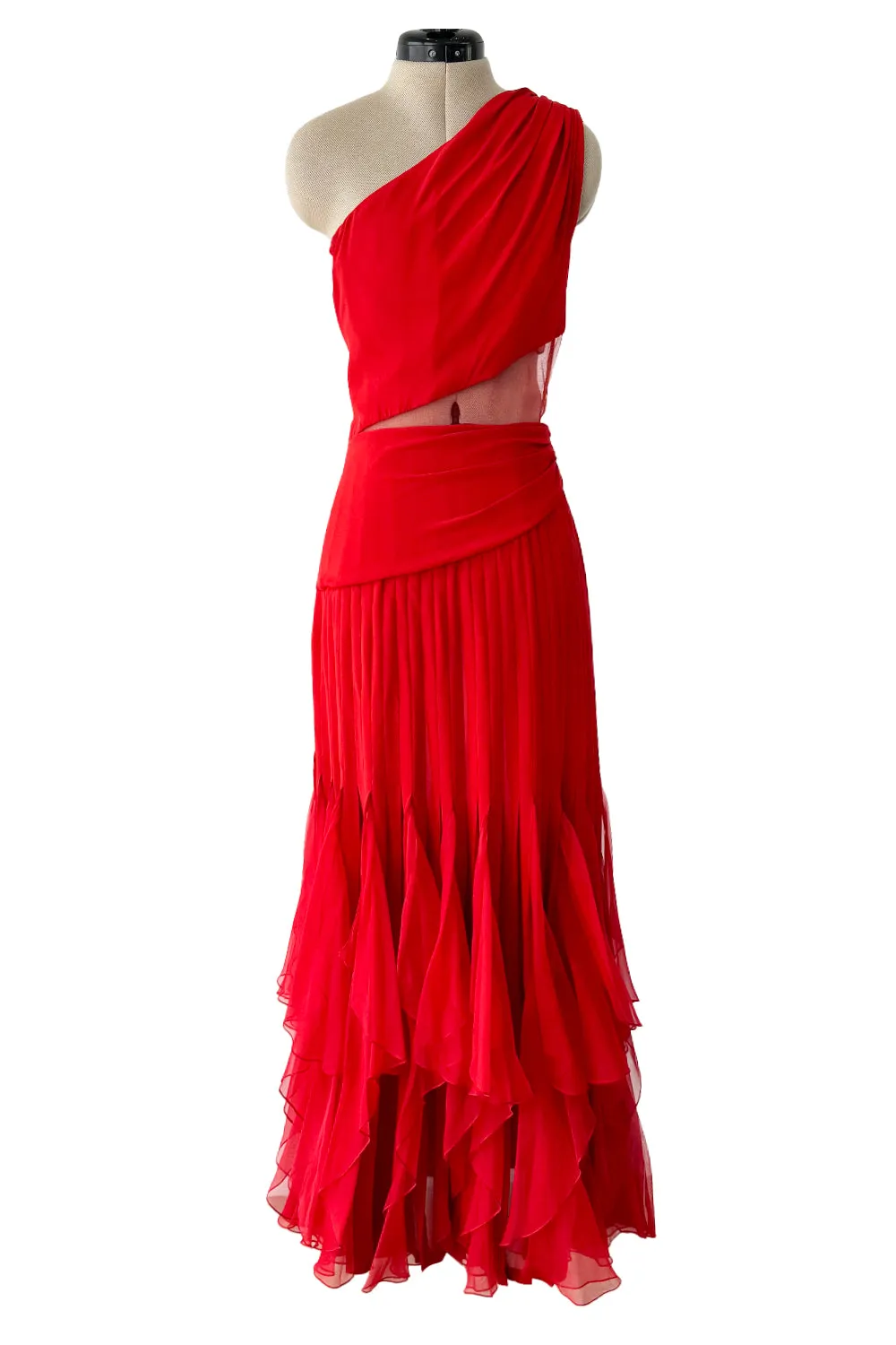 Fantastic 1980s Valentino Red Silk One Shoulder Dress w Net Inset & Finely Pleated Ruffled Skirt