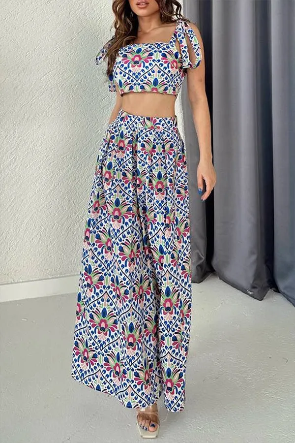 Fashion Print Lace Up Top   Skirt Women's Dress