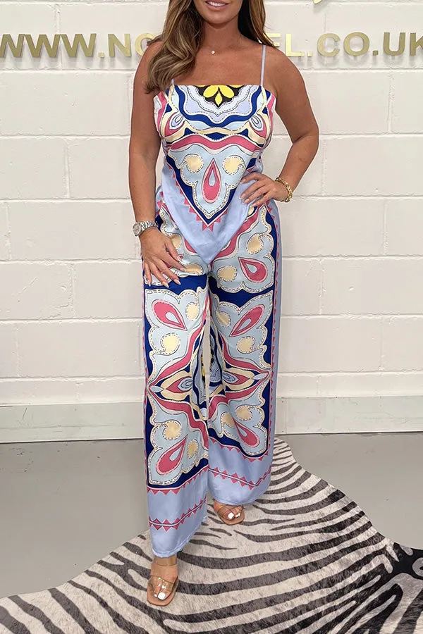 Fashion print suspenders open back tie top   straight pants set