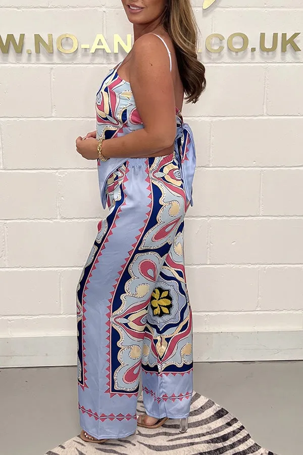 Fashion print suspenders open back tie top   straight pants set