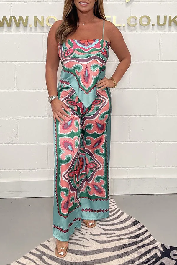 Fashion print suspenders open back tie top   straight pants set